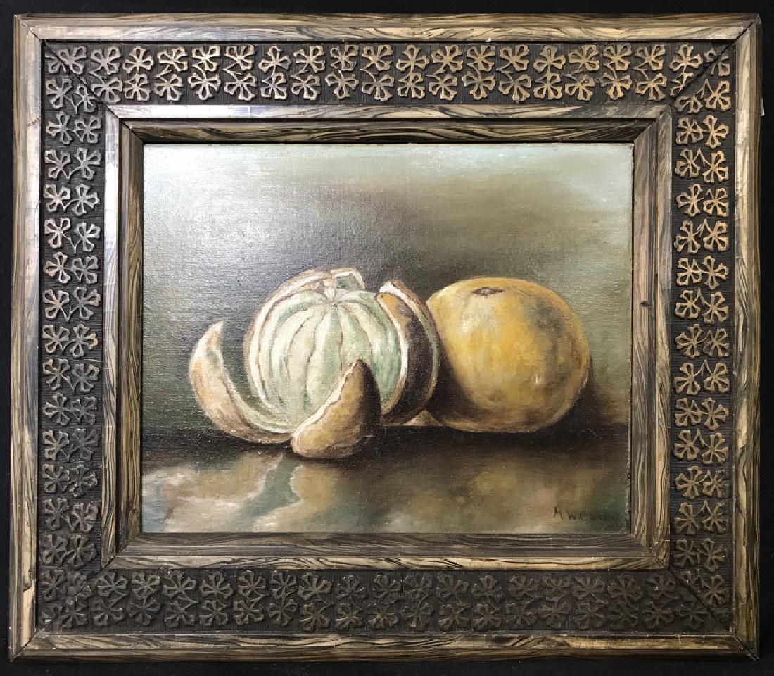 Signed M.W. CASEY Oil On Canvas, Fruit Still Life: Signed M.W. CASEY oil painting on canvas depicting fruit still Life. Signed in lower right corner. Canvas is set in coated wood frame. Artwork was property of Kristina Barbara Johnson ex-Estate, Princ