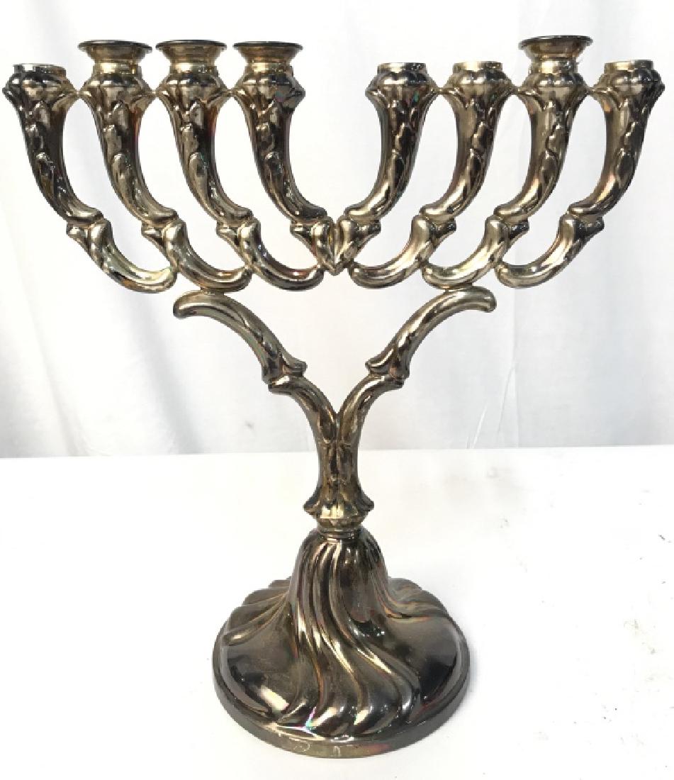 STERLING Silver Menorah: Menorah is marked STERLING on base. Measures approx 11.5 inches tall 11 inches long, 5 inches deep. Some top potions of Menorah are missing. Menorrah, judaica, ceremonial accessory, tableware, tableto