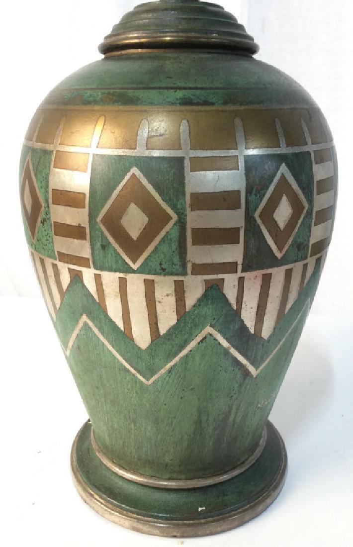 Signed LAUTUM Metal Lamp W Finial: Lamp is silver green & gold toned. Piece is signed LAUTUM on lower half. Piece measures approx 25 inches tall 8 inches wide. Lamp includes finial. Table lamp, home accent, home lighting, home accessor