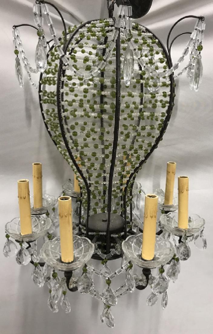 Balloon Style Green & White Beaded Chandelier: Green and white beaded chandelier, bulbous in shape like a hot air balloon. Black tone metal hardware with green and white tone beads and translucent crystal beads. Measures approx 29 inches in height