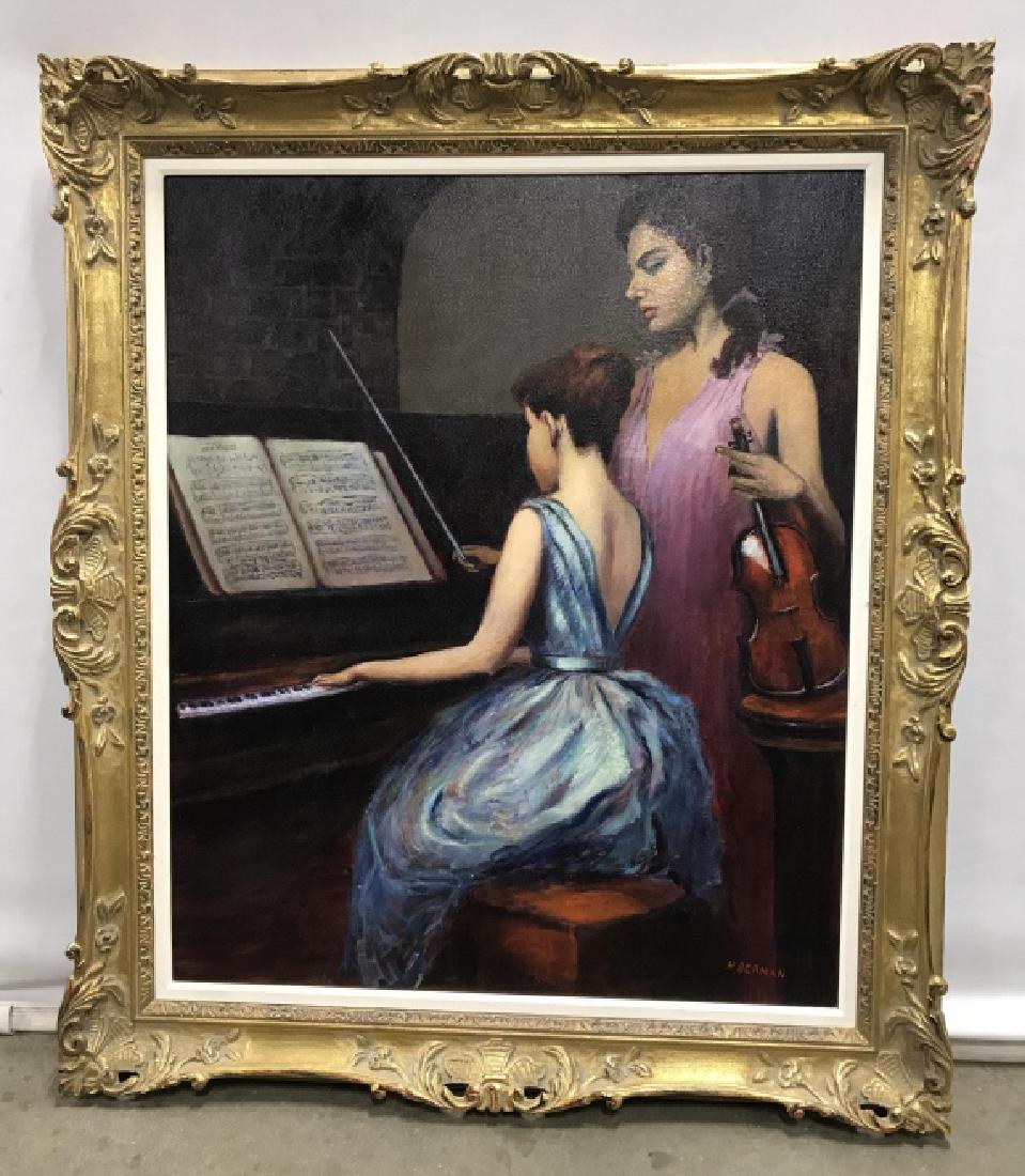 Signed H. BERMAN Oil On Canvas, Music Recital: Signed Herbert BERMAN oil painting on canvas depicting two musicians in formal attire, a girl playing the piano and a woman holding a violin. Signed H. Berman in lower right corner. Canvas is lined an