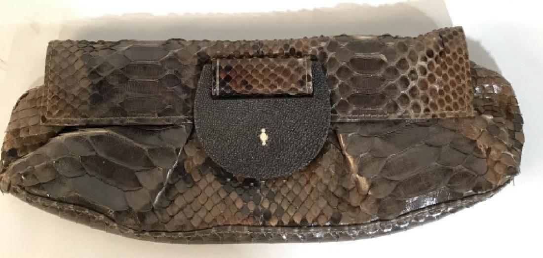 R&Y AUGOUSTI Snake And Stingray Clutch: Vintage chocolate toned Stingray, python, Shagreen Possibly Ostrich leg, Flap Clutch, Handbag, Designer luxury purse, French Fashion, French Designer Accessory, Good Condition Measures ht 5 inches len