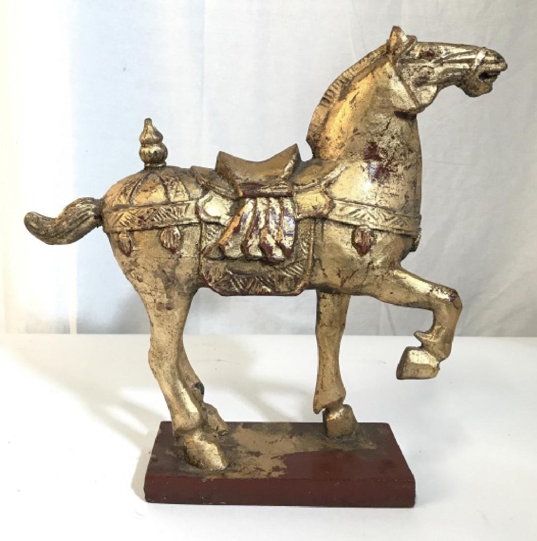Gold Leafed Asian Wood Horse: Asian Horse Figural, Wood Horse With Gold leafing, Asian Decorative Arts, Asian Arts And Crafts, Measures app 13 inches ht length 14 inches width 4 inches Home accessory, mantle piece decor, animal st