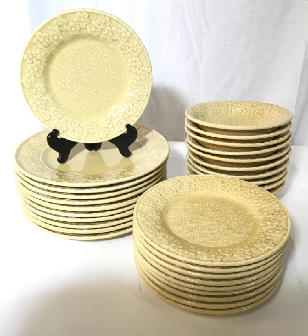 Bordallo Pinneiro Portugal Place Settings: French Yellow Toned Pottery Plates Bowls, place settings, Glazed Ceramic Tableware, 10 dinner plates each measures diameter 10 inches, 10 lunch plates each measures 8 inches, 10 bowls each measures 7 