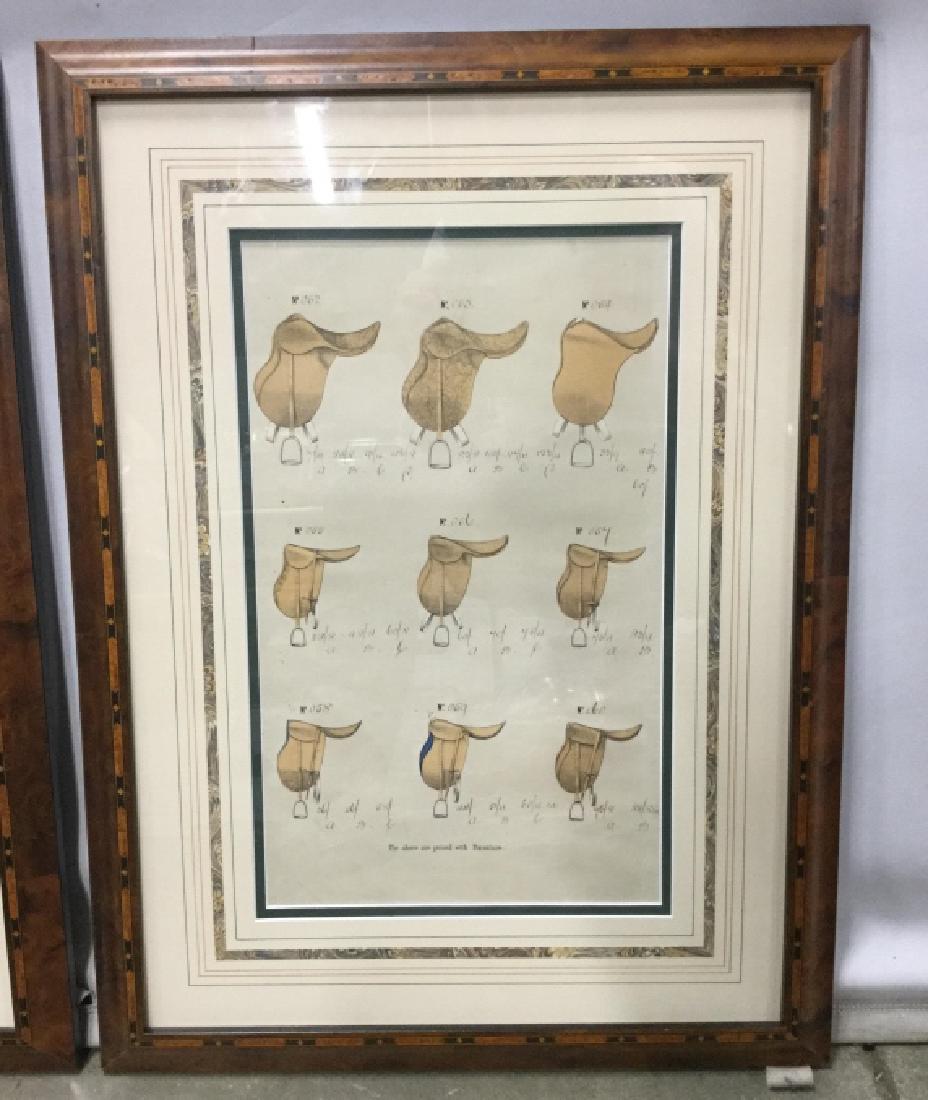 Pair Framed Equestrian Saddle & Strap Prints: Vintage, possibly hand-colored Prints have handwriting in ink as part of the print, including prices and reference numbers. Prints are double matted and set behind glass in burled wood style frames. E