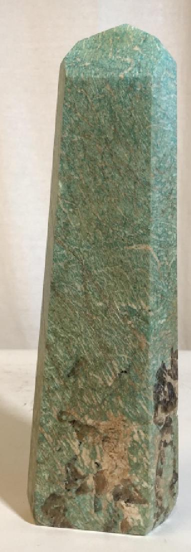 Amazonite Madagascar Stone Sculpture: Multicolored green, white, pink, and brown toned Amazonite stone originally from Madagascar. Label underside reads “ $790 4” x 13” #96 Amazonite- Madagascar. Rocks, geology, natural Decoration,