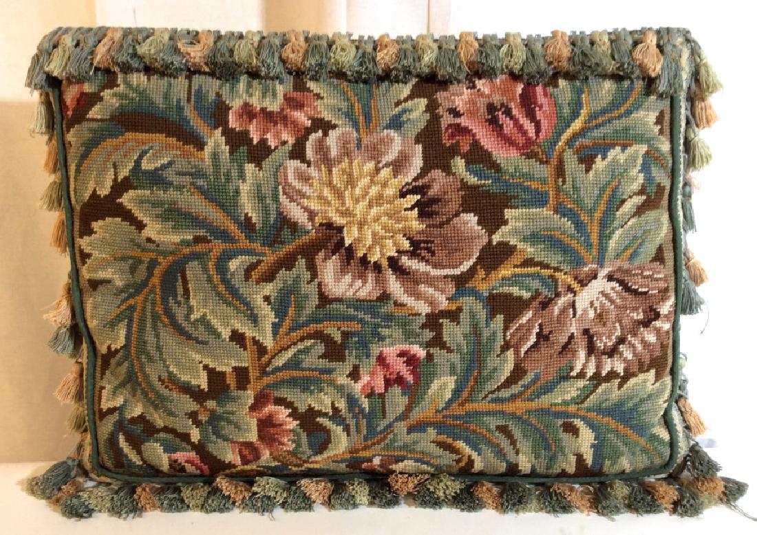 Needlepoint Tassel Trim Throw Pillow: Toss pillow, decorative accessory, Property Of Greenwich Ct Estate, measures app 15 by 20 inches