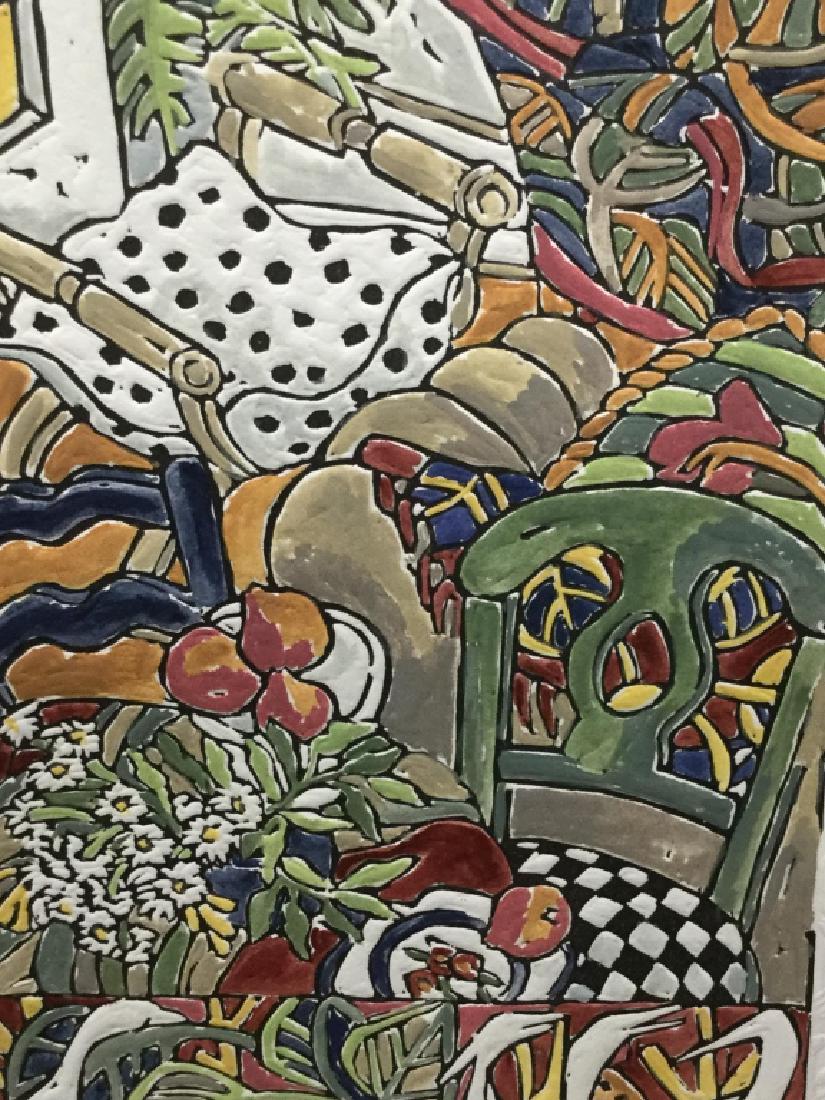 Signed & Numbered Hand-Colored Embossed Print: Hand-Colored embossed print features colorful interior of home, including chairs and plants. Signed Mary MARK in pencil in lower right corner, Numbered 9/100 in bottom center, and titled ‘Gum Blosso