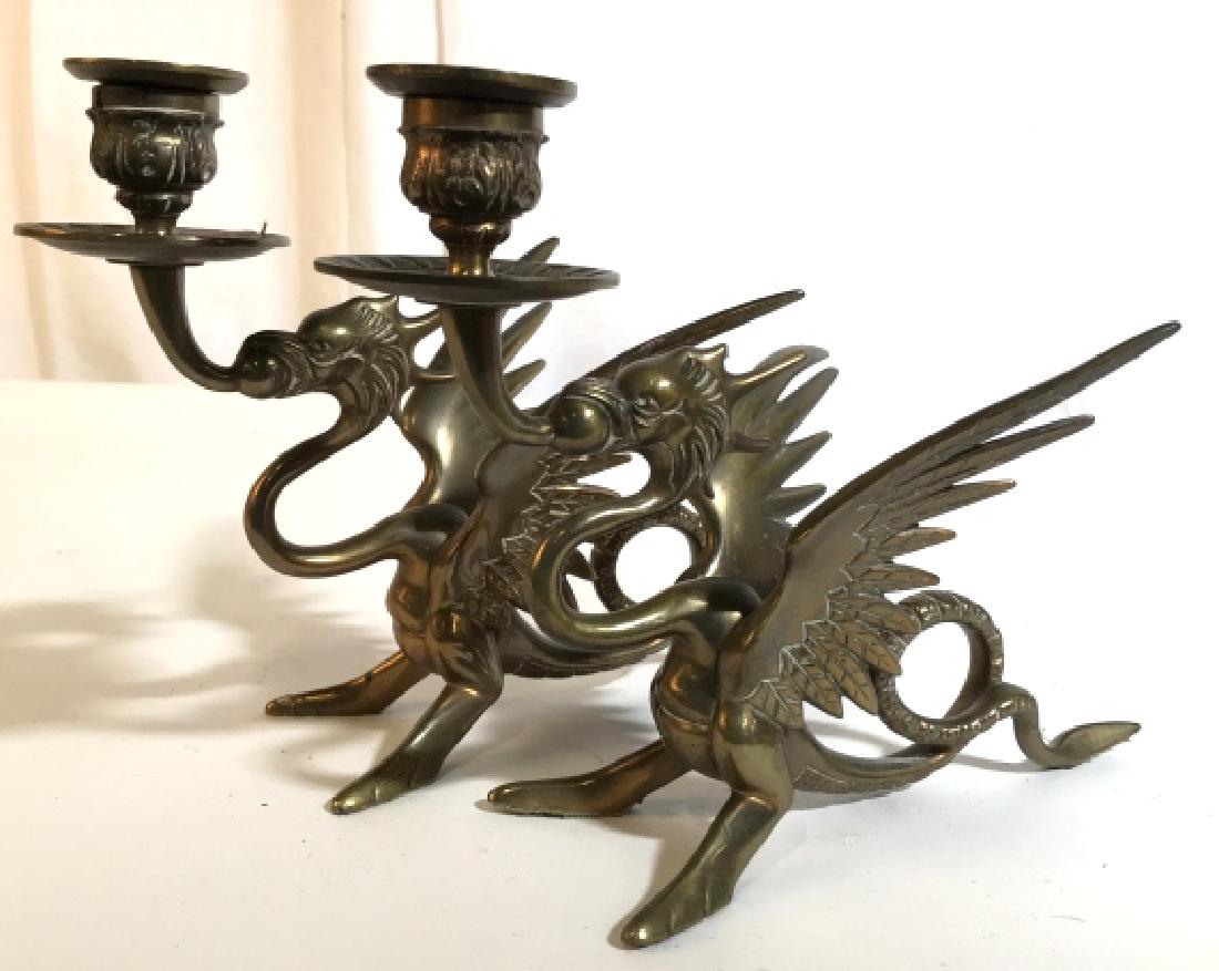 Pr Brass Griffin Candlesticks: Pair solid brass flying griffin Candlesticks, vintage Possibly antique, tableware, decorative arts, arts and crafts each measures 7 inches ht by 6 inches length, each has removable brass rimmed insert