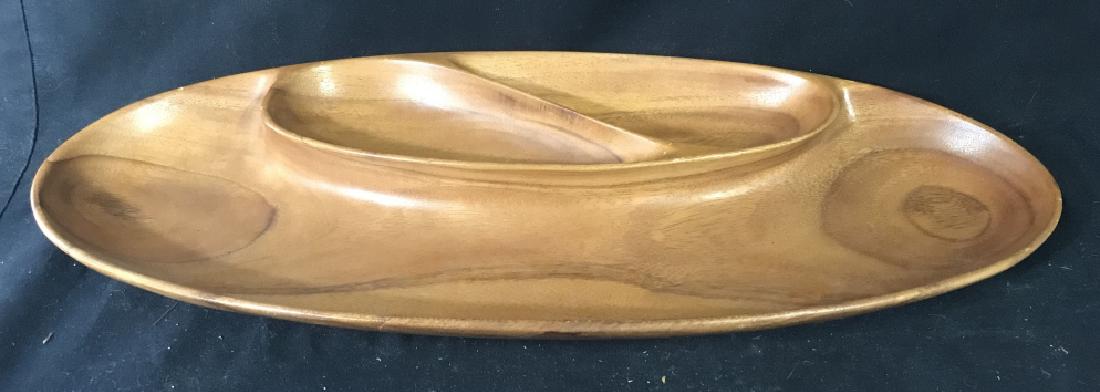 MONKEY POD WOOD Hand Carved Vegetable & Dip Tray: Monkey Pod is a Rare and Exotic Hardwood & Very Lightweight. Stamp Marked on Underside that it is Monkey Pod & Made in The Philippines, brand illegible. 10 x 23.5 x 2. No major surface marks. Some scr