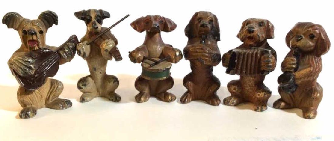 Set 6 Antique Cast Painted Metal Dog Band: Set of six individual cast metal painted dogs, each playing a musical instrument, collectible antique toys, antique metal dog figures, dogs with musical instruments, set dog musicians, decorative inte