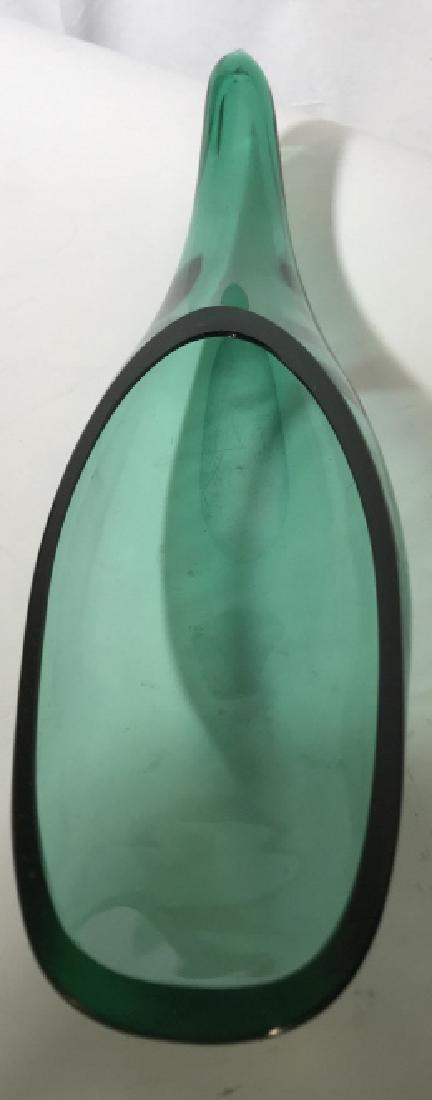 MCM Smooth Handmade Glass Cornucopia Vessel: Green toned bowl, vase, vessel, platter, Tableware, Art, Sculpture, Mid Century Modern Art Glass measures ht 3 inches, length approx 18 inches, width approx 3 3/4 inches. Some minor surface wear