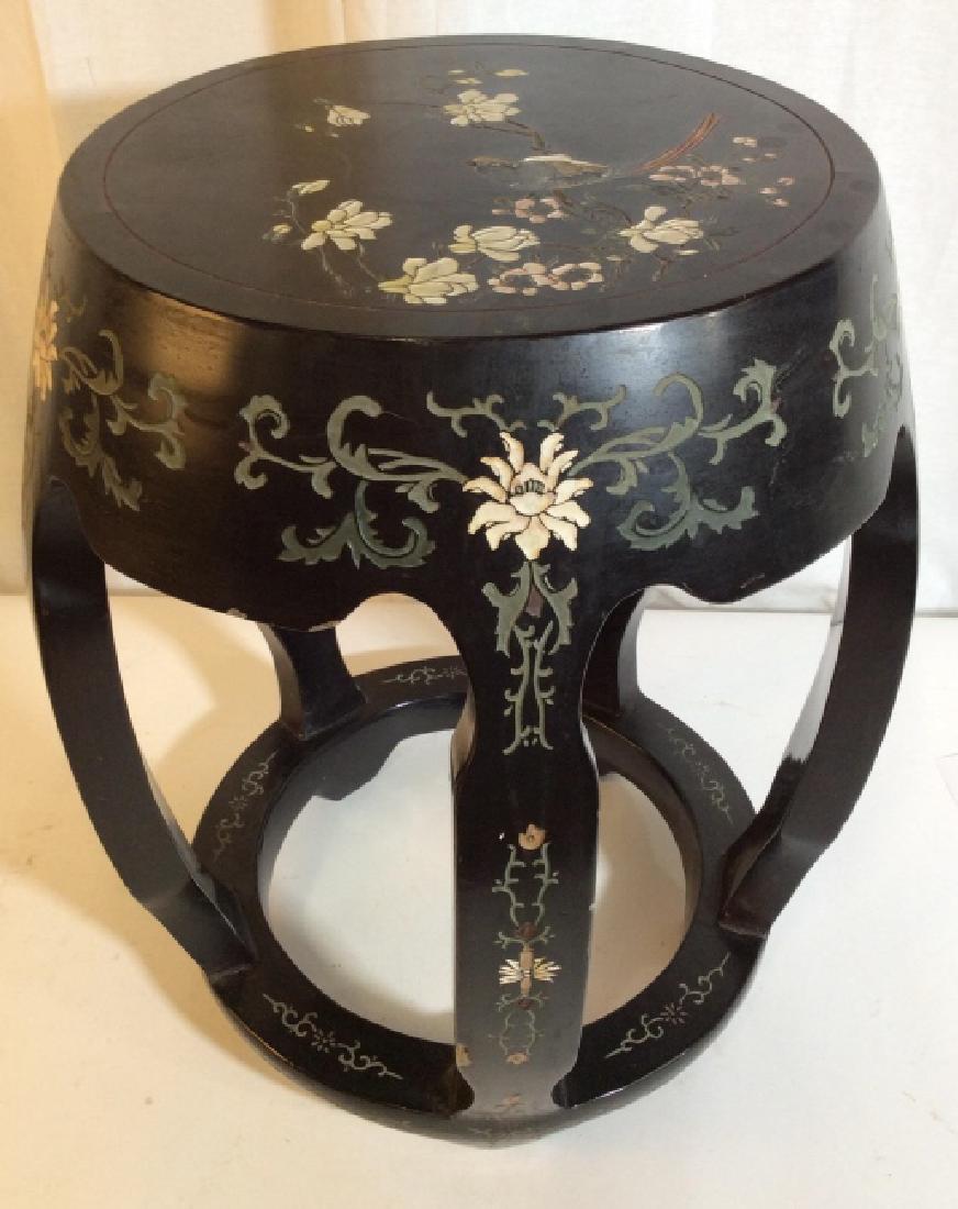 Vintage Chinese Lacquer Cloisonné Stool Seat: Garden seat, garden stool, open sides, Black Lacquer Finish, Cloisonné, Etched designs Inlaid design and central Bird Figural, one Label affixed to Underside in Asian Characters, second label faded, 
