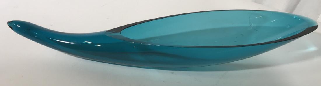 MCM Bubble Art Glass Cornucopia Vessel: Turquoise Blue Toned Vessel, vase, bowl, platter, Tableware, Art, Sculpture, Mid Century Modern Art Glass measures ht 3.5 inches, length approx 21 inches, width approx 4.5 inches. One sm rim surface c