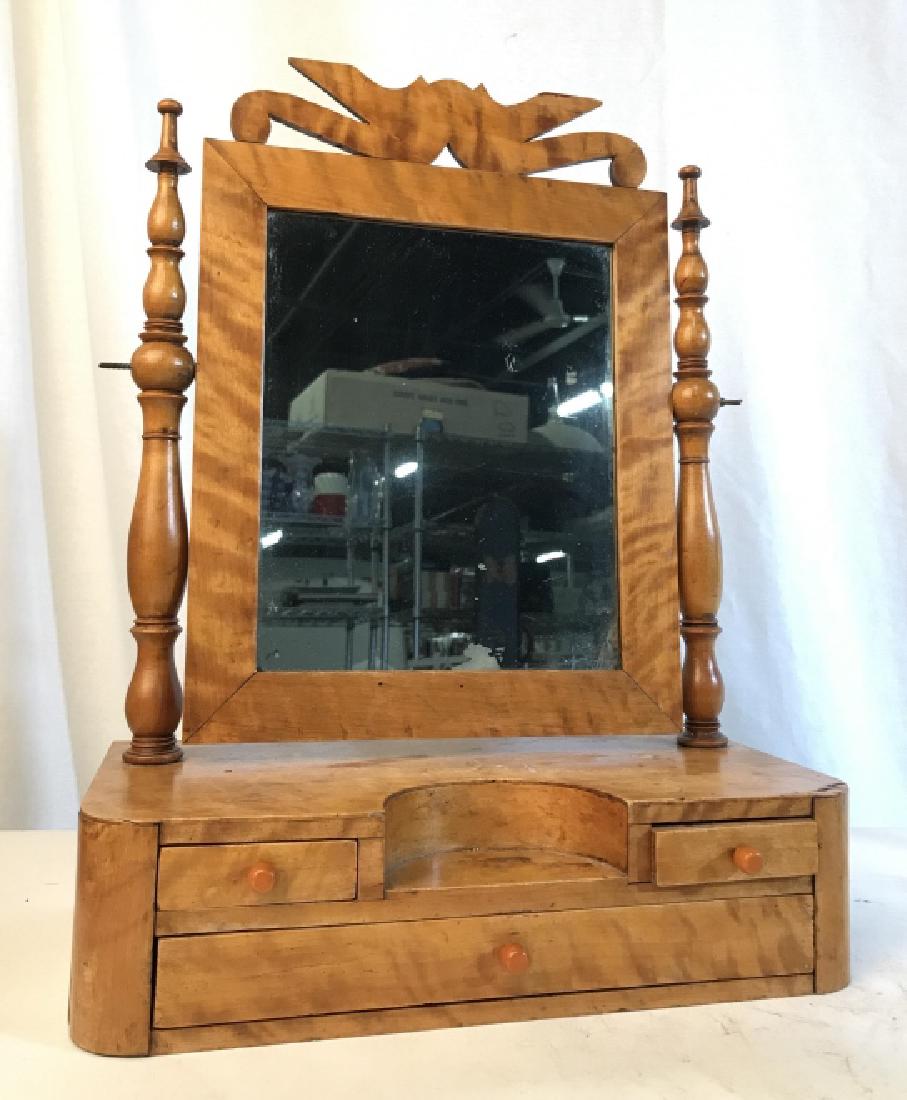 Burl Maple Shaving Mirror: Vintage, possibly antique Burled Maple wood mid Century shaving mirror with three fully functioning drawers and a pivot to hold as needed items. This vintage piece measures to approx 19.2 in tall, and