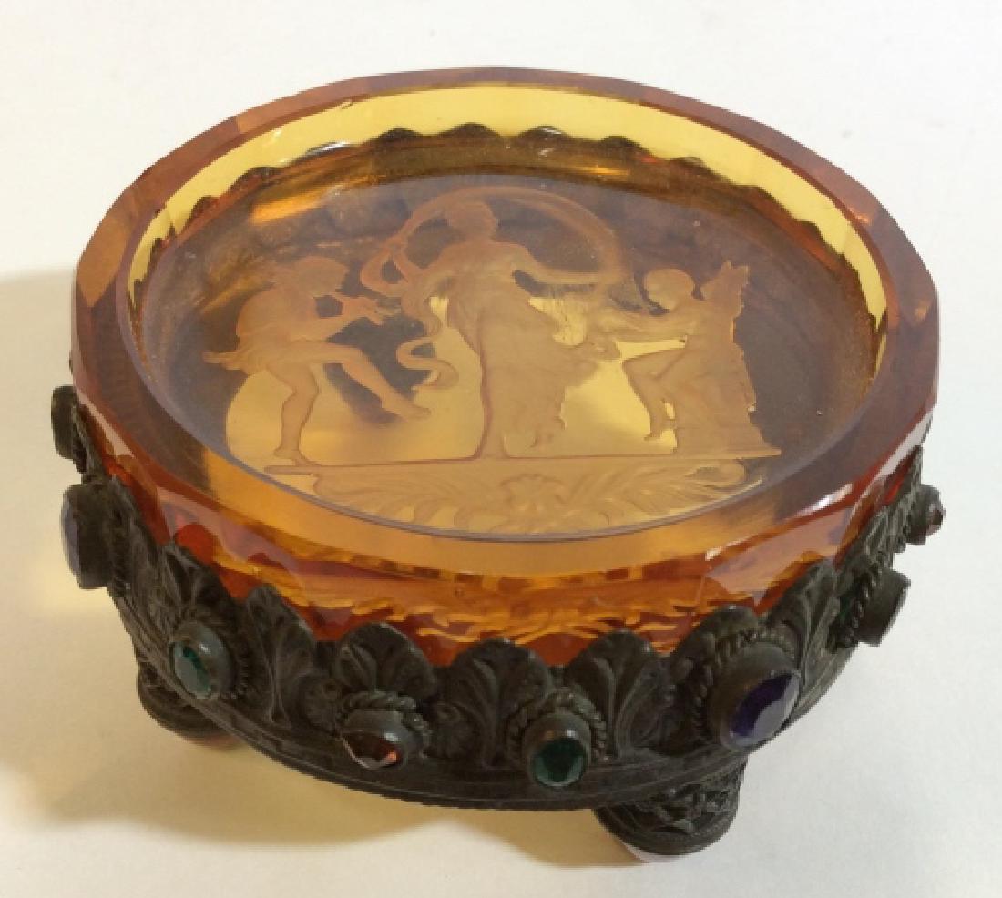 Antique Etched Amber Glass Metal Jeweled Dish: Antique Salt cellar, ring dish, dresser top accessory, Tableware, Etched Amber Glass with relief fairy Figurals dancing to music, rests on footed metal repousse Base with inset stones, , Amber Glass p