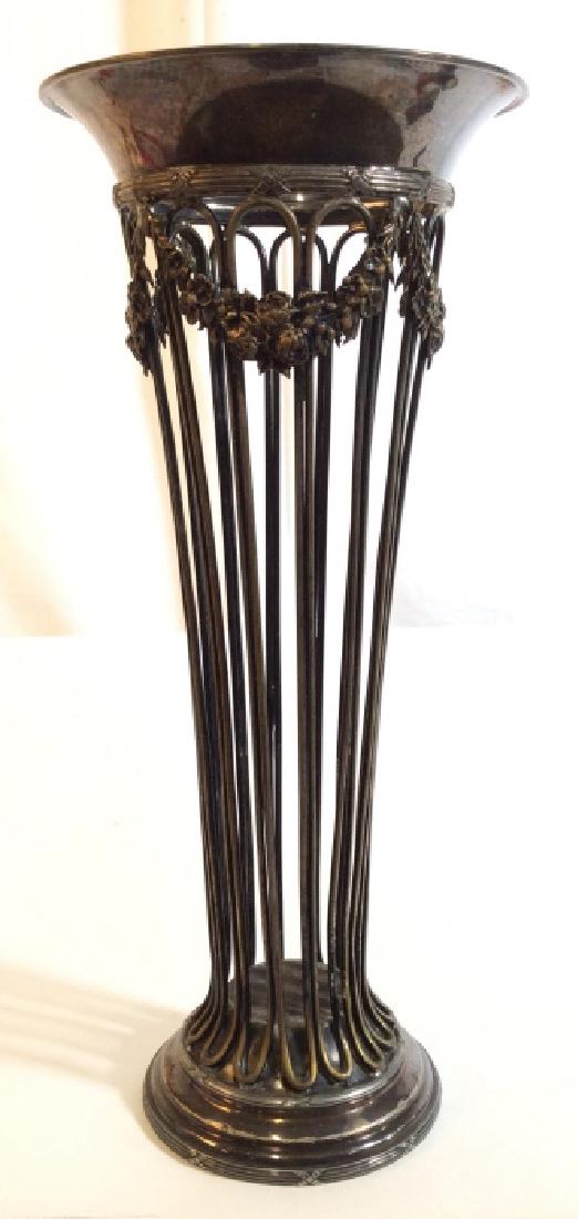 Signed SilverPl Trumpet Vase: Multiple trade markets and illegible markings, open sides of Art Nouveau Style, garlands swags at top, measures app ht12 inches, diameter app 5.5 inches, Silver Plate Vase, Vessel, Tableware, Arts And