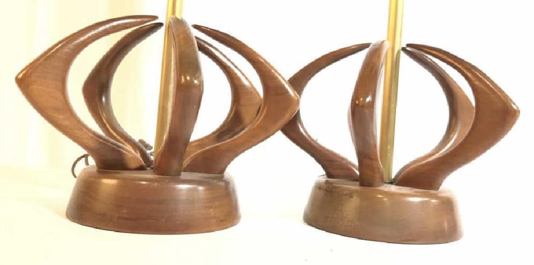 Pair Mid Century Modern Walnut Lamps: Each with carved base of boomerang form circular orb base on Walnut circular mount, brass center cylinder for light, Sculptural MCM lighting, MCM decor, Walnut Lamps, each measures app ht to finial 23
