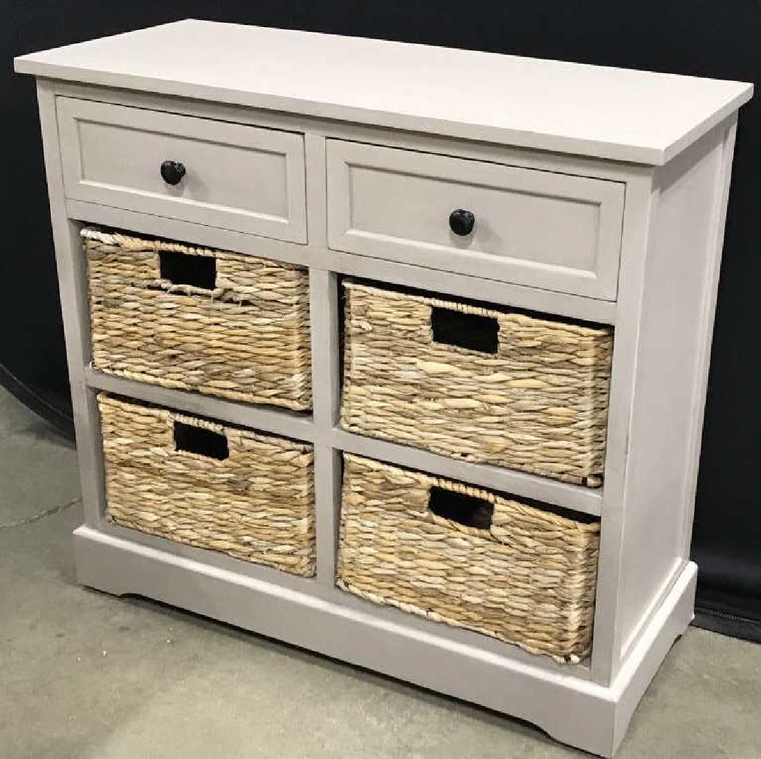 Bohemian Grey Console with Basket Drawers: Grey wood. Two top drawers, 12 x 9.5 x 4 1/4. 2 drawers, Four more openings with baskets. Baskets, 12 x 10.5 x 6.5. Furniture Size, 31 1/4 L x 28 H x 13 1/4 D. Light piece. Up Cycle. Television Consol