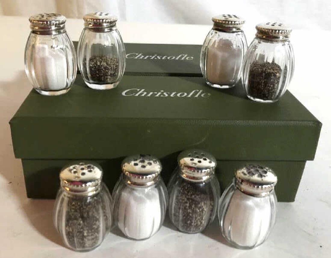 8pcs Boxed Set CHRISTOFLE Sterling Crystal SP: French luxury tableware, Two Boxed sets of four each, sterling silver topped Crystal Salt and Pepper Shakers, Total 8 Pieces, each box contains four, each box measures 6 inches length 2.5 inches ht, e
