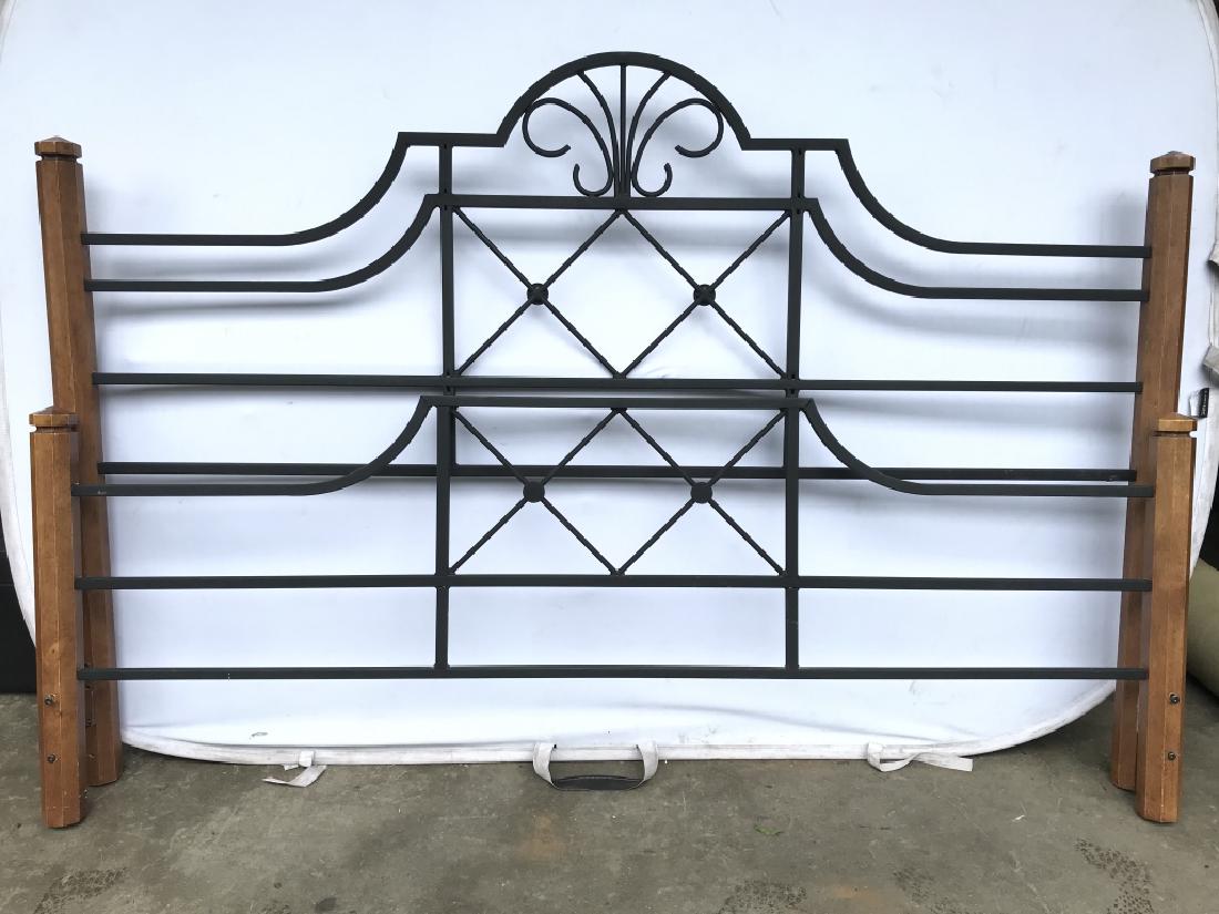 Modern Traditional Metal & Wood Head, Footboard: Modern traditional style Headboard and footboard have black metal scrollwork centers with wood ends. Headboard measures approx 51.2 inches in height by 78 inches in width. Footboard Measures approx 29