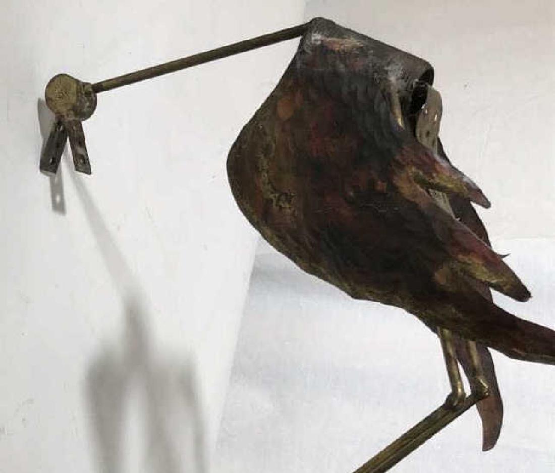 SIGNED Vintage Metal Bird Sculpture: Artist Signed on a metal plate; appears to be ‘Alex Kova’...ending of last name illegible. Possibly Kovacs, who is a famous sculptor. Mixed Media- wood branch & Metals And Mixed materials, welded