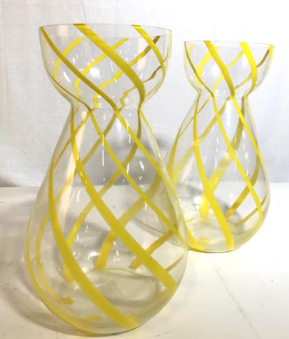 Pair Yellow Swirl Art Glass Vases: Hand formed vintage art glass with yellow swirls, decorative accessories, tableware, art glass collectibles, each measures ht app 13 inches diameter app 8 inches