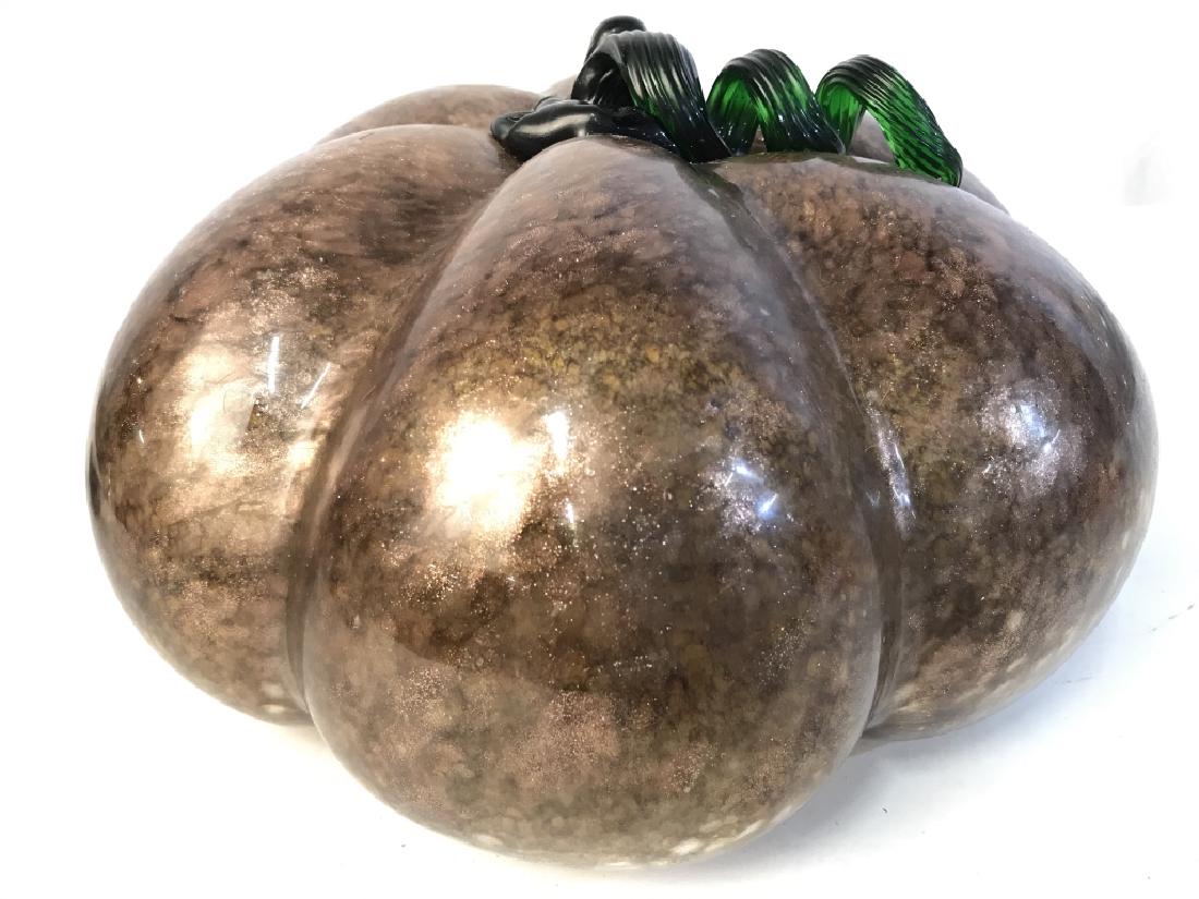 Art Glass Pumpkin: Glass Pumpkin is copper toned with green toned stem measures approx 11 inches long 6 inches tall. tableware, tabletop decor, home accent, shelf piece art glass collectible 6