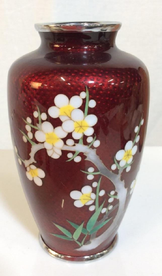 Enamel Cloisonné Vase: Miniature bud vase, 5 in tall by 3 1/2 in in diameter. Red toned enamel body with floral branch design. Asain arts and crafts, decorative arts and accessories, tableware, tabletop accessories. 4