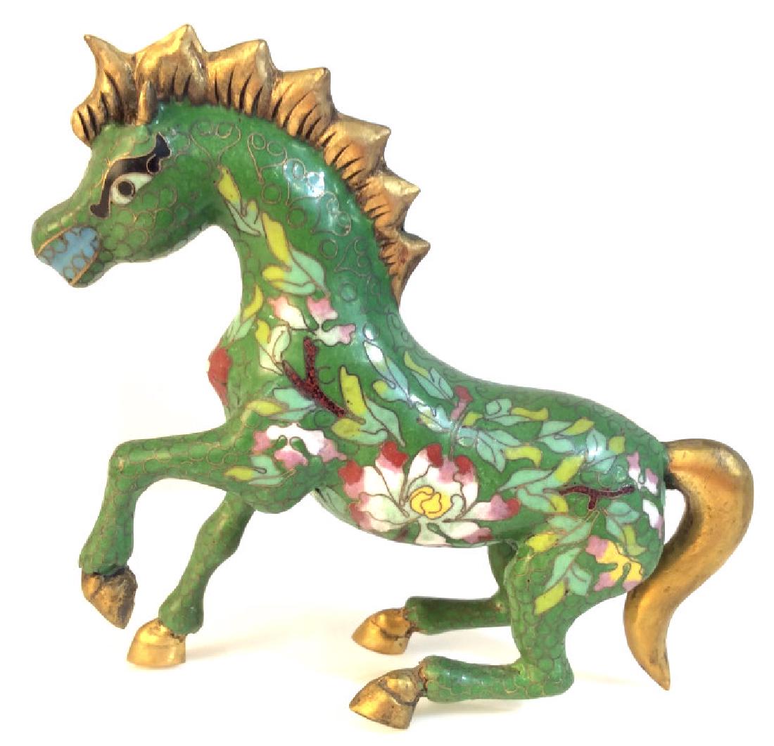 Vintage Cloisonné Galloping Horse: enamel cloisonne, floral motif. Multi colored. Some minor surface wear, some discoloring on brass toned metal, 5 in by 5 in by 2 in , Lightweight. Cloisonné Decor, Equestrian Decor, Table Top Decor, 