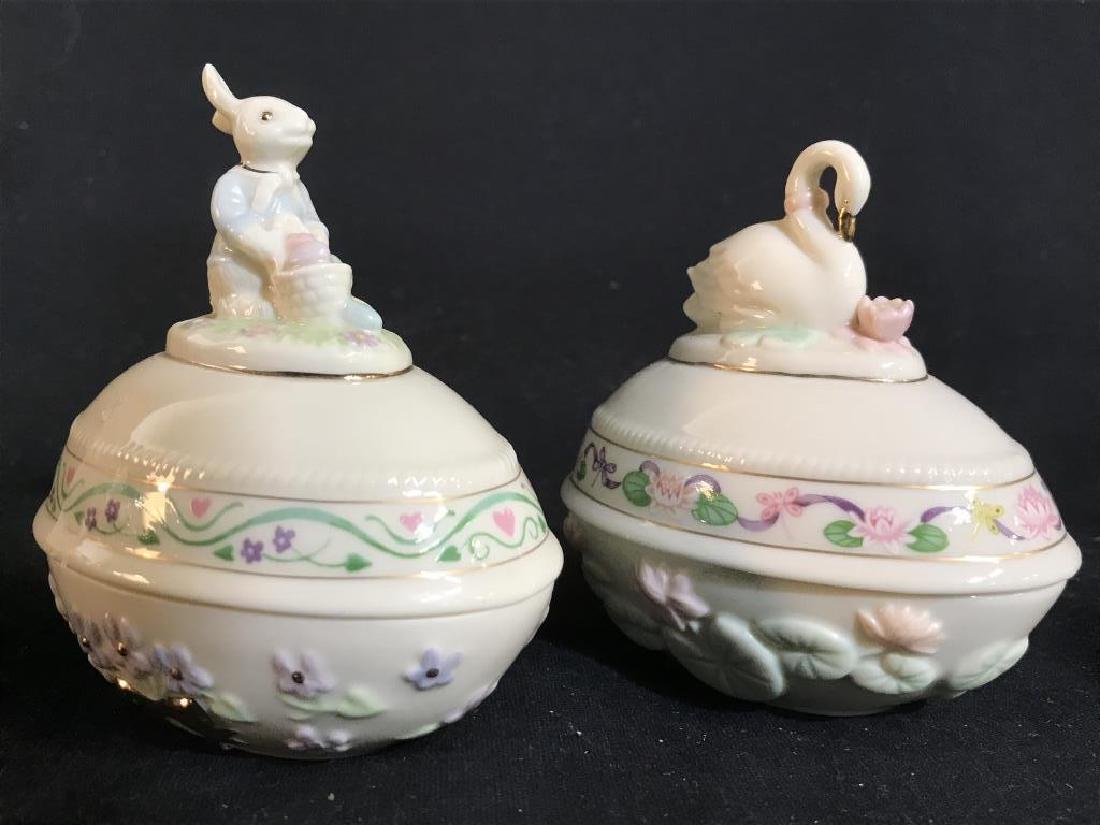 Lot 2 LENOX Porcelain Easter Egg Trinket Boxes: Lot includesTHE SPRING BUNNY EASTER EGG, and THE SWAN EASTER EGG. Each measures approx 3 inches long & tall 2.5 inches wide. Vanity accssories, shelf pieces, tableware, tabletop decor 6