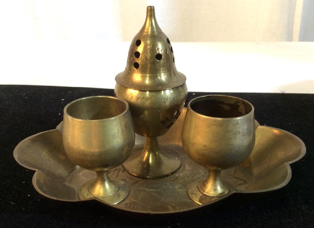 Vintage Brass Tnd Incense Burner & More: From India. Bohemian Incense Stem Urn with two adorning mini Goblets / cordial glasses on a tray. Possibly Brass. Underside of one cup marked ‘ silver plated India’ Some Burn From Incense in Urn. 