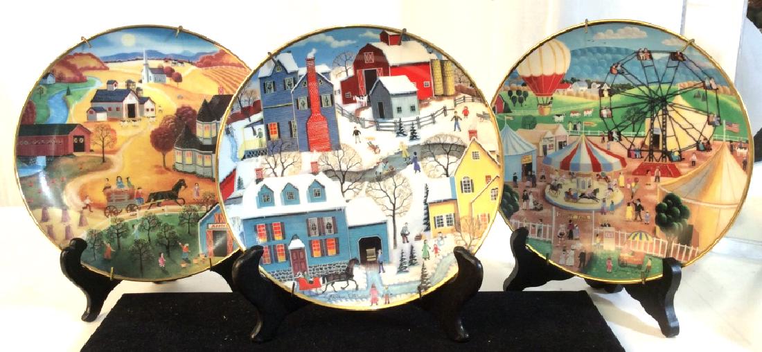 Set 3 American Folk Art Ltd. Ed. Porcelain Plates: All by Franklin Mint. Artist Steven Klein. All Marked On underside. All come with Wall Hanging Bracket. All 8 in. dia. No Paint Scratches. Country Harvest, Plate No. F3862 is discontinued, Shows a Tow