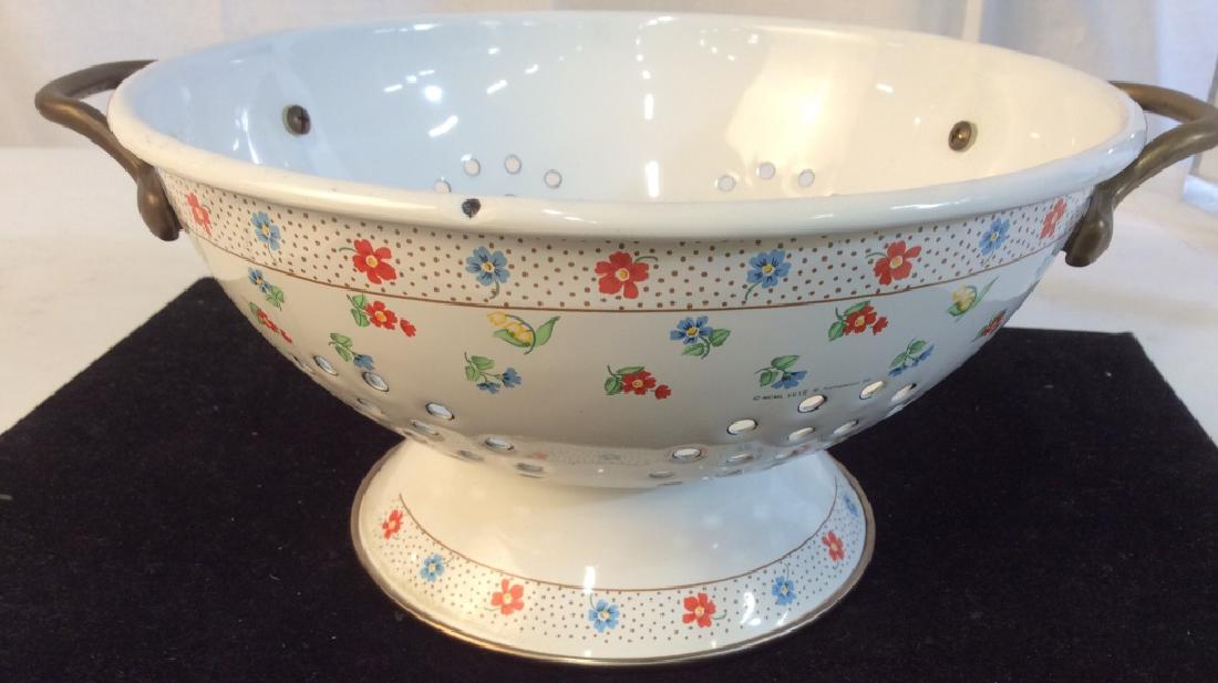 Vintage Metal Pasta Strainer with Base: White Metal with Tiny Flowers. 8 3/4 in Wide. Base rises 1 1/4 in. Grip Handles. Affixed solidly. Possibly some wear of metal. Pasta Trainer, Fruit Strainer, Vegetable Strainer, Kitchenware, 3