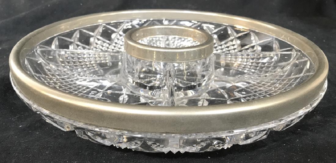 Cut Crystal hors d'oeuvres Platter: Bowl appears to be cut Crystal. Inner & outer rim contains silver toned metal detail. Piece measures approx 11 inches wide 2 inches tall. tableware, serving vessel, chips and dips, finger foods, hors 