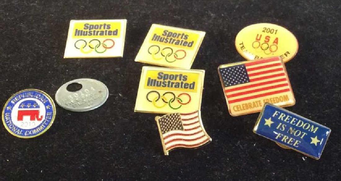 Vintage Patriotic Pins: Combination of Sports Illustrated Olympic, Flag, Republican National Committee, and Freedom is not Free Pin. Most are Button Snap. One SI Clasp is broken. Faded Colors. American Flag Pins, Patriotic P