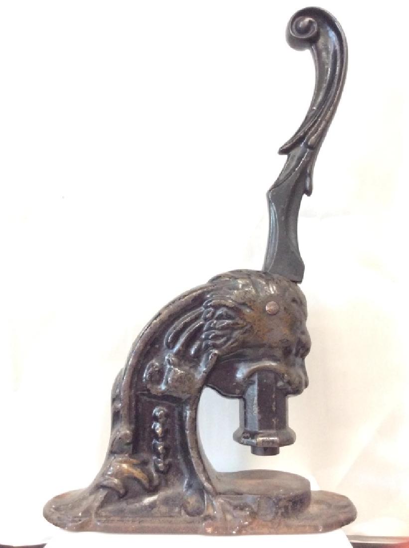 Antique Lion Head Notary Public Seal Press: Black toned metal, appears to be cast iron, public seal stamp, does not have stamp. Measures approx 16 in tall by 9 in by 3 in. Lion head form, collectible, notary collectible, decor piece, evident we