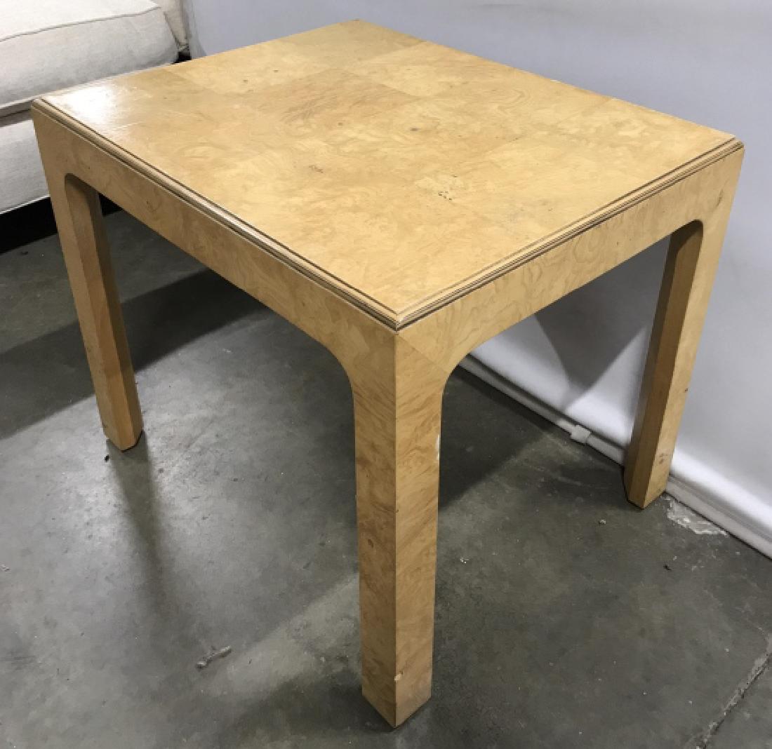 Henredon Side Table Burled Style Marquetry Detail: Underside marked for Henredon. Light tone wood side table with parquetry, marquetry burled wood style detailing. Measures approx 22.5 inches in height by 26.6 inches in width by 21.75 inches in depth.