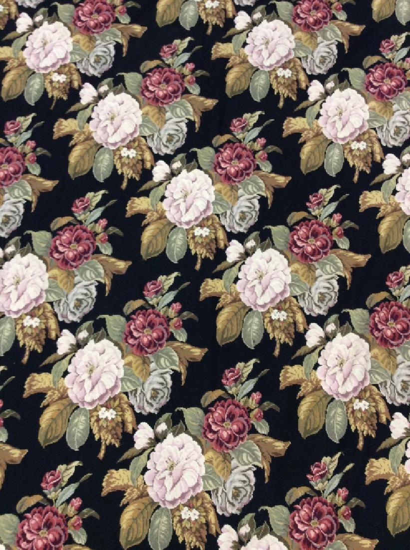 Handmade Floral Detailed Needlepoint Rug: Rug is black toned with multi toned floral detail including tones of pink, maroon, olive, cream, green, & slate. Measures approx 9 feet wide 12 feet. Appears to be handmade and vintage. Area rug, area