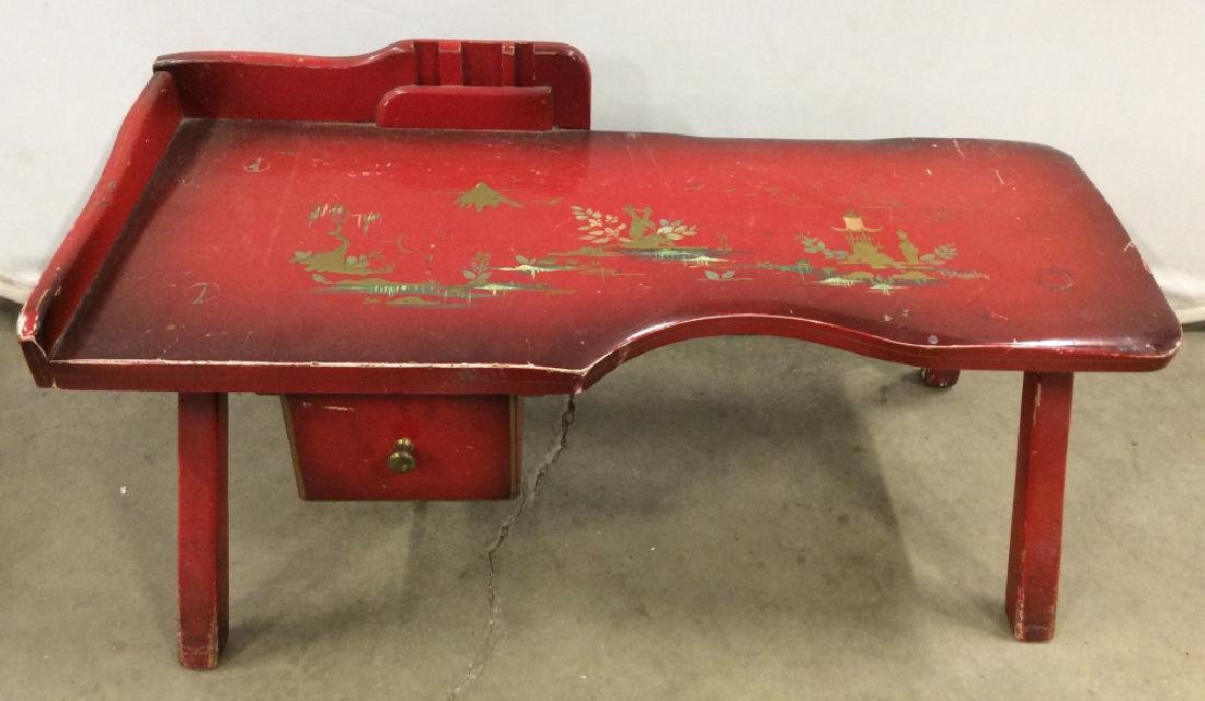 Vibrant Red Antique Telephone / Cobblers Bench: Vibrant red tone antique telephone Bench / gossip Bench / cobblers Bench with painted motif. Motif appears to depict a garden landscape, East Asian in style. Motif Artwork is signed illegibly, possibl