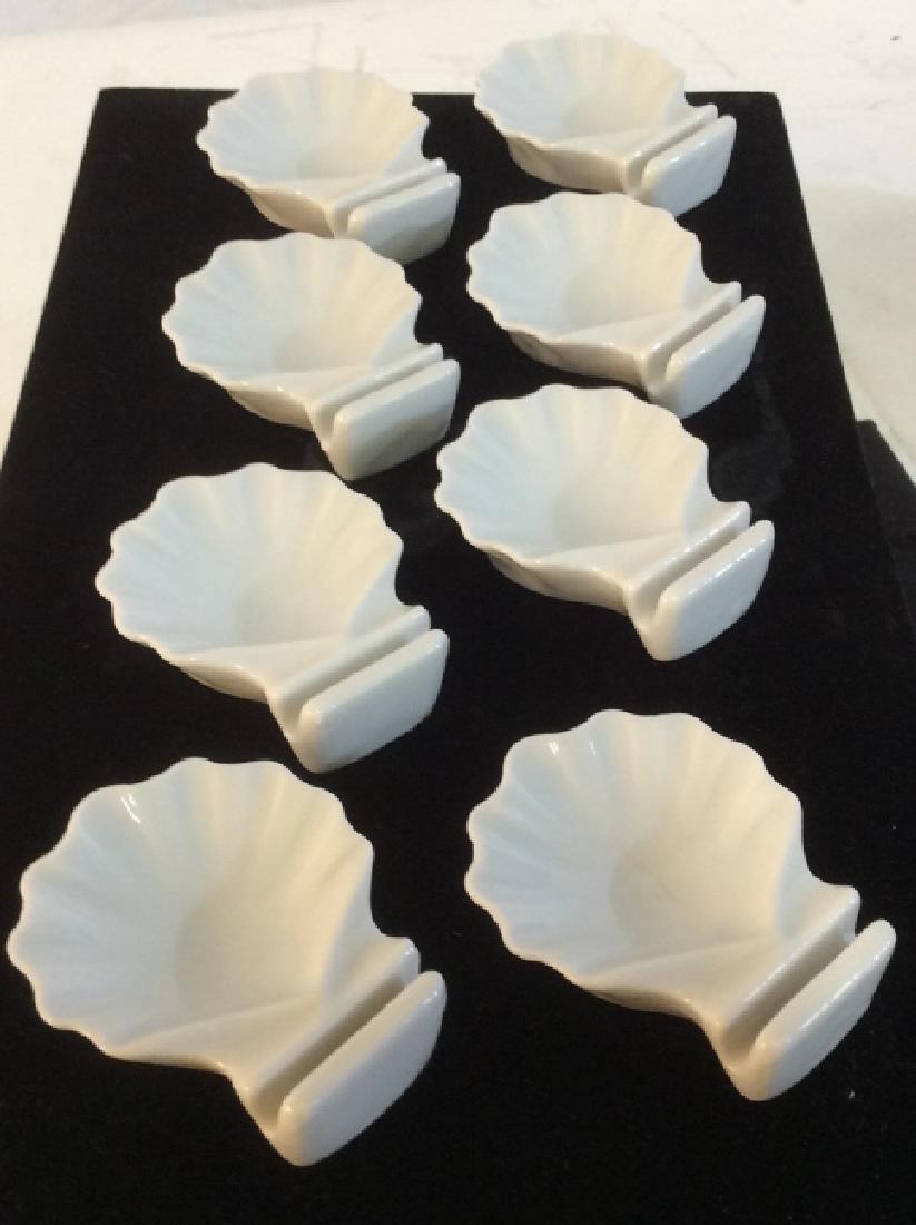Set 8 Shafford Name Card Holder & Spoon Rest: Japanese Made Fine Bone China. Shafford began making novelty items from the 1940s - 1970s. These are Scallop Shape, White Porcelain, Some Stamped On Underside. Approx 2 1/2 x 2 1/4. No Chips or cracks