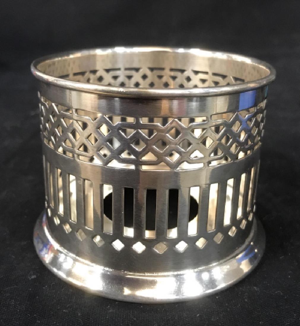 Silver Plate Pierced Coaster Vessel Mustard Dish: Trademarked underside WILCOX, also marked for Mustard, and international Silver , tableware, mustard jar vessel holder, measures app 3 inches ht by diameter app 3.5 inches