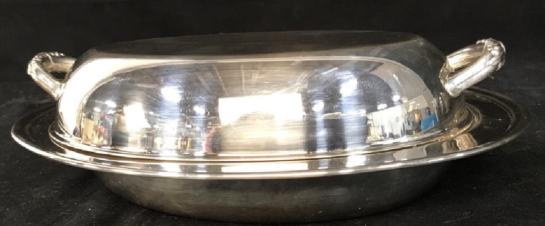Silver Toned Lidded Meat Dish: Silver toned Lidded Meat Dish, 11 1/2 Ian x 4 in, good condition, hallmark partially rubbed off, reads She, 1875 1105 with scales, Silver Plated Serving Dishes, Meat Dish, Covered Dish, chaffing Dish,