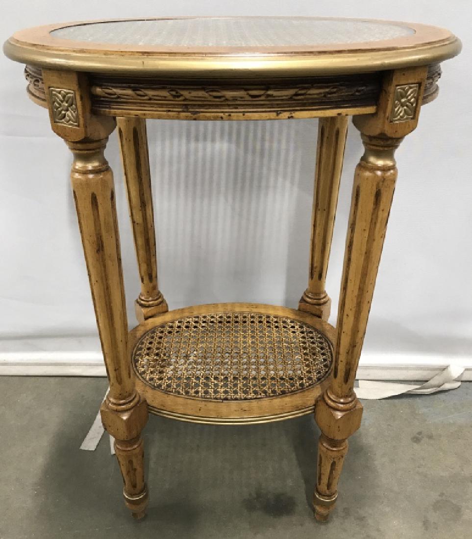 Carved Wooden Side Table W Caned & Glass Top: Side table has carved wooden detail. Top of table is Caned and has glass insert. Measures approx 26 inches tall 18 inches wide 14 inches deep. Side / end table, lamp table, home accent, home furnishin