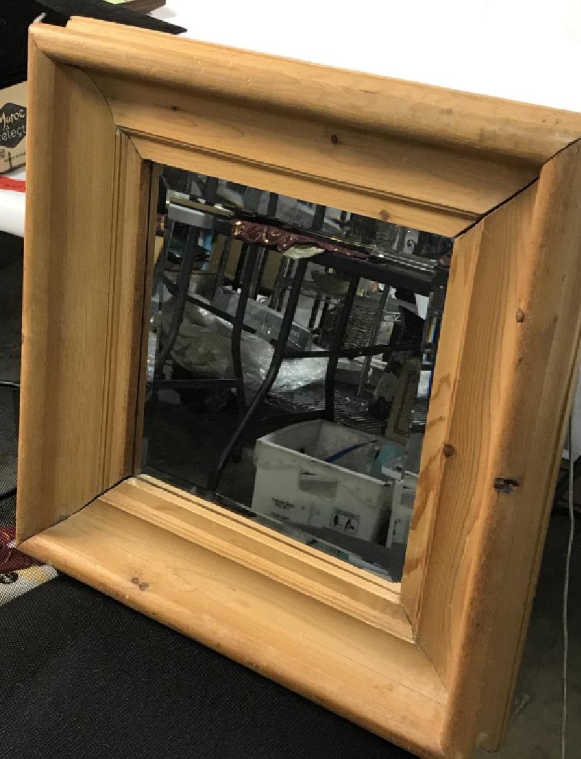 Vintage Hand Made Pine Mirror: Amber Pine with 4 in. Wide Moulding. Already wired horizontally for hanging. Beveled Mirror 11 3/8 x 11 1/2. Simple 20 th c. American. Corners have spaces but it is not falling apart. It is held toget