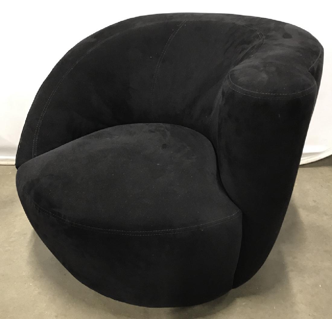 MCM ‘Nautilus’ Corkscrew Swivel Lounge Chair: In the style of Vladimir Kagan. Black tone soft suede style fabric upholstery. Measures approx 28 inches in height by 37 inches in diameter. Some minor surface wear like pulling of thread. Chair might