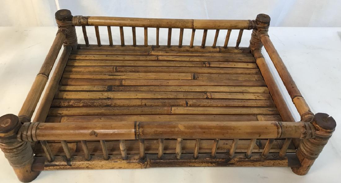 Vintage Tropical Wood Serving Tray: Bamboo - like material. Has high edges so things don’t fall off. Possibly handmade. Approx 17 3/4 x 12 1/4. Sides are 3 in. and 2 1/4 in high. Has wear. Breakfast Tray, Serving Tray, Stay In Bed Tra
