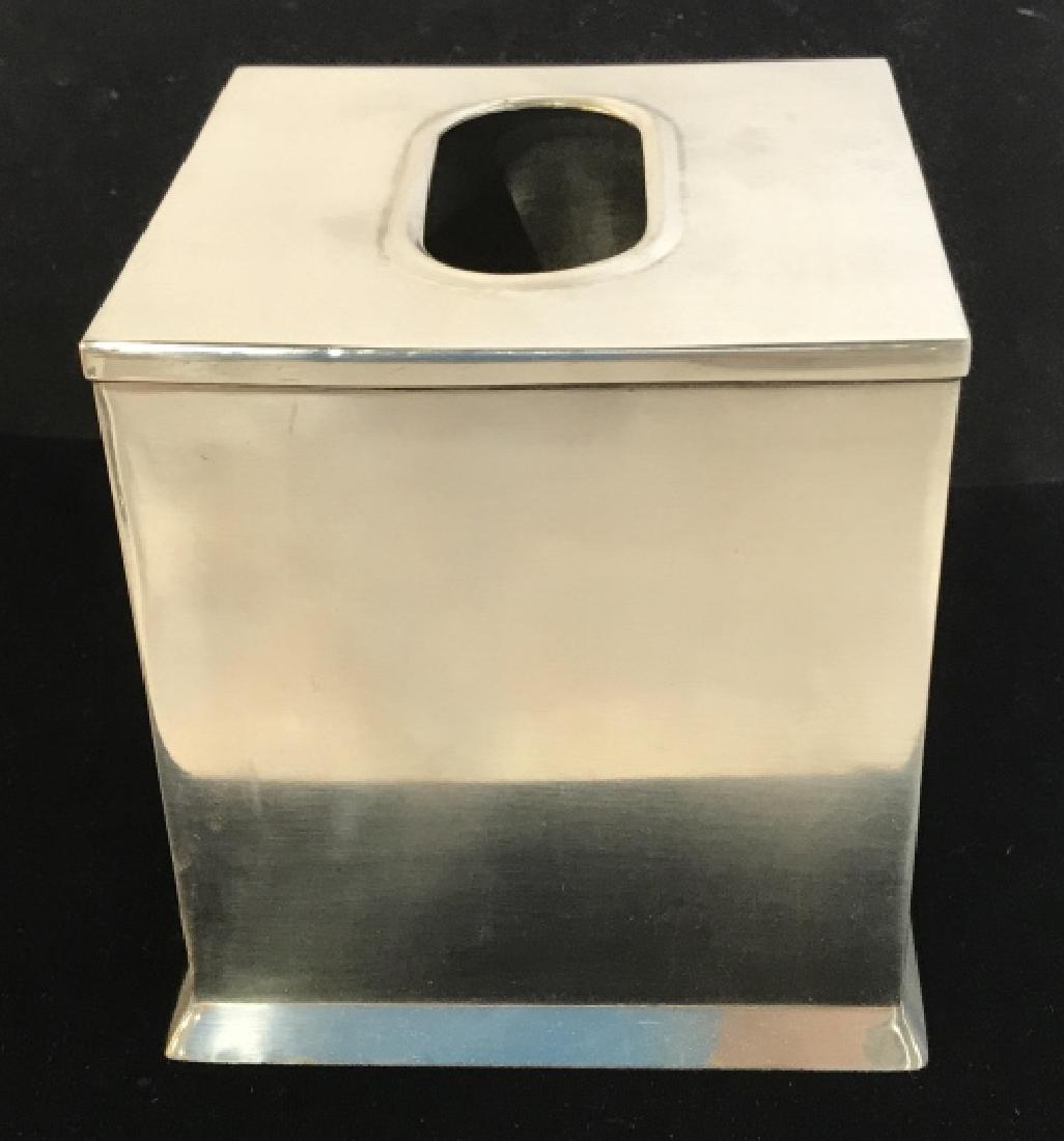 Nickel Plated Tissue Box Cover: Polish it up to give the room a refinanced look. Label on the underside. 5 3/4 x 5 in. Possibly some surface marks due to use. Silver Toned Tissue Box Cover, Foyer Tissue Tox Cover, Tabletop Elegance