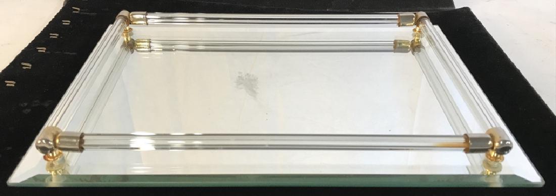 Vintage Mirror Perfume Tray: Perfect Size for Your Special Bottles. Total Mirror Measures 8 x 11. Mirror is beveled and has rails so Bottles don’t slip off. Some of the glass rails have visible rust from hardware. No mirror sur