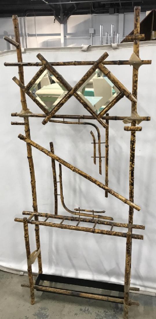 Pair Bamboo Coat & Umbrella Hall Tree Stands: Pair of Bamboo coat and umbrella racks / hall trees, with mirrors. Both have surface wear. Rack with diamond mirrors might need restoration / reinforcement. Each measures approx 75 inches in height by